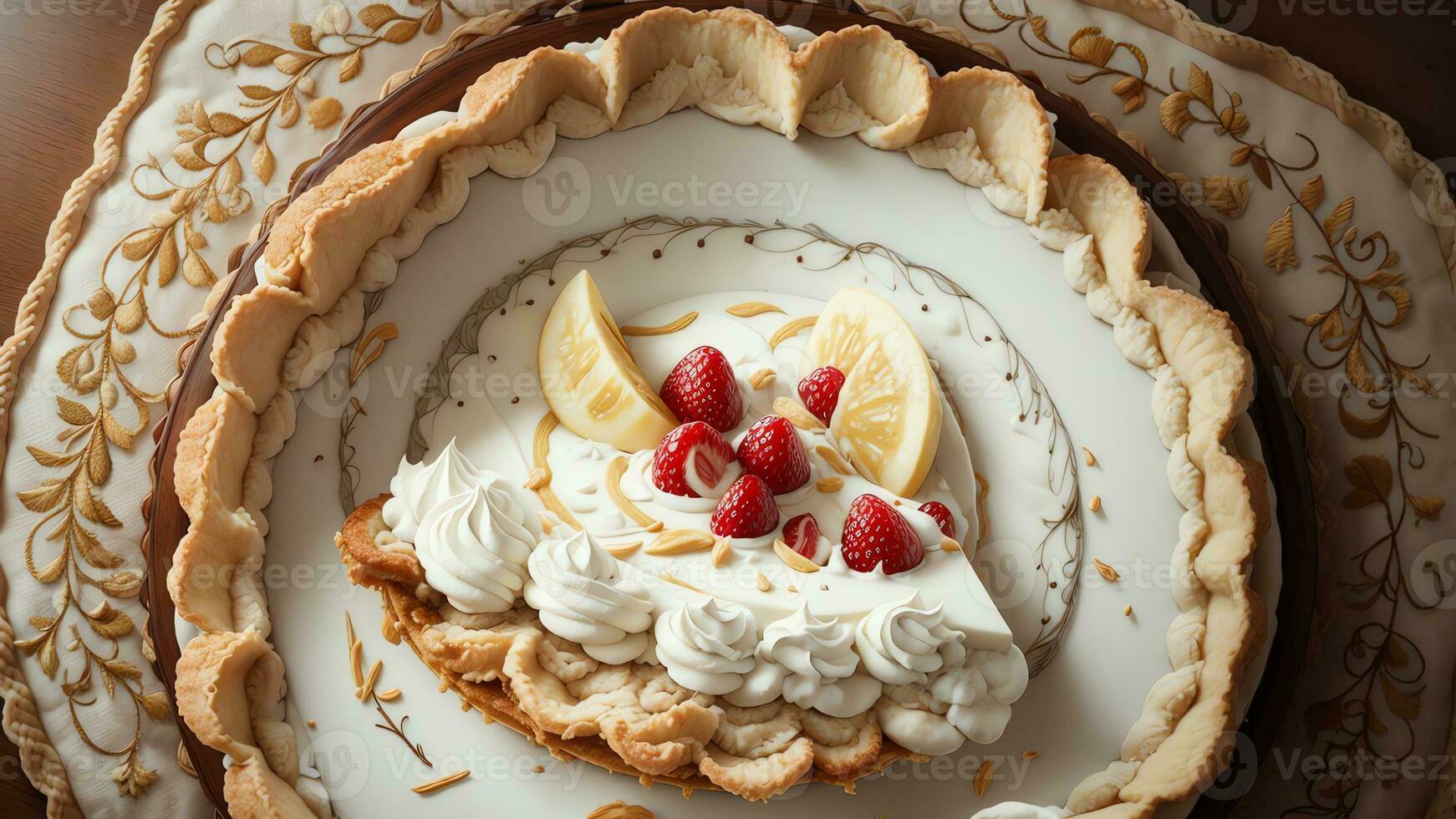 Embroidered Delights Celebrating National Banana Lovers Day with a Stitched Banana Cream Pie. AI Generated. photo