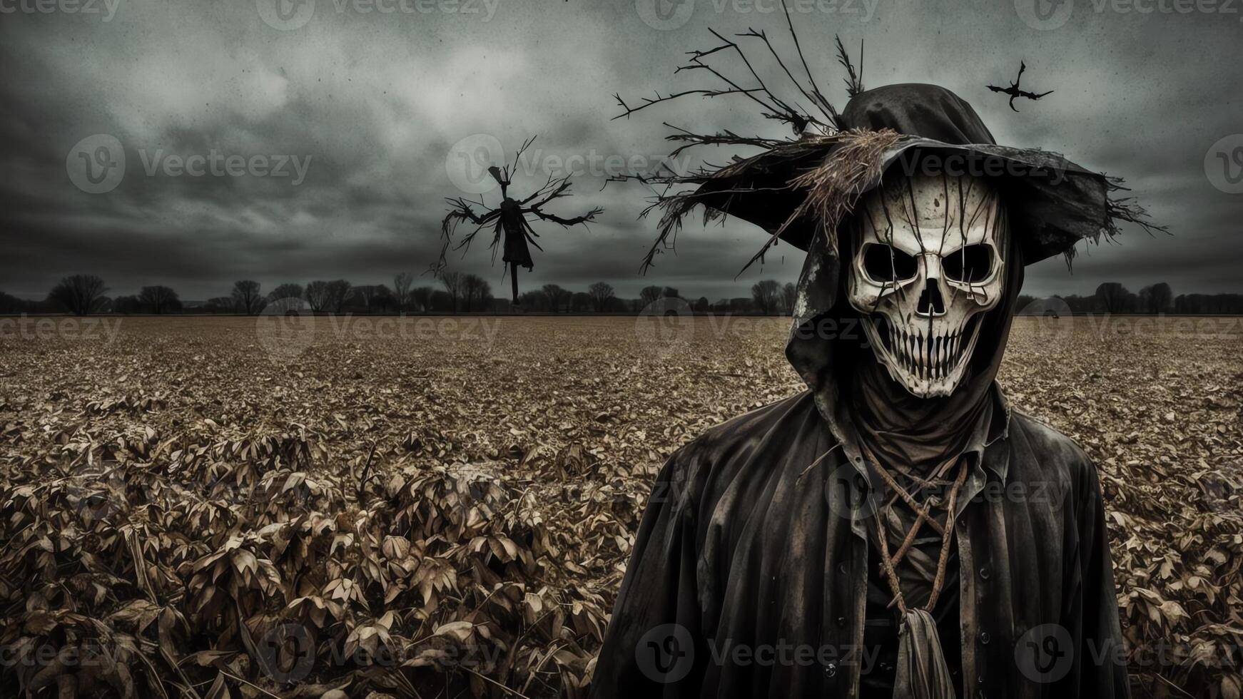 Harvest of Fear The Sinister Scarecrow on Halloween Night. AI Generated. photo