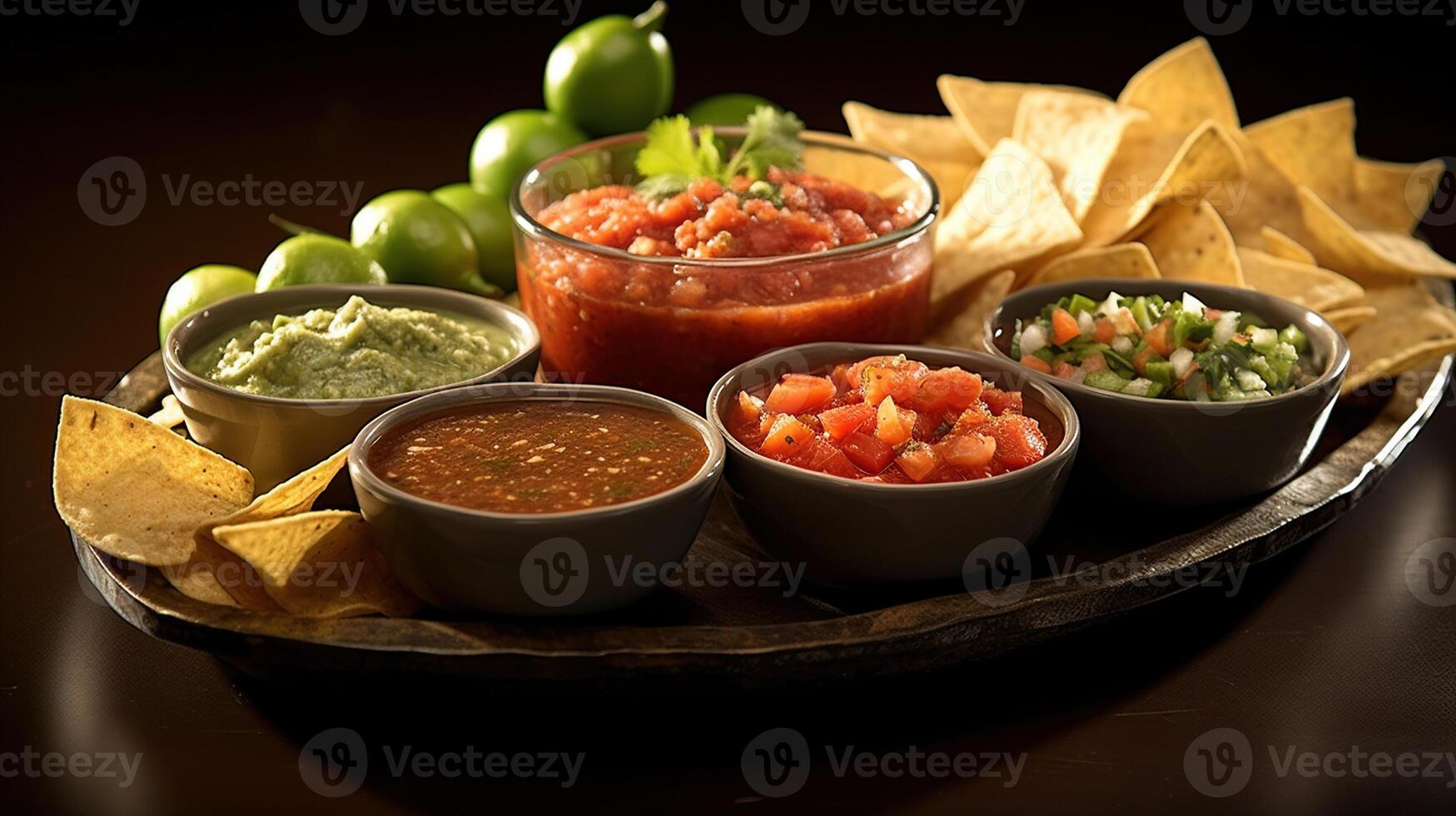 Salsa dipping party platter detail Generative AI 26206482 Stock Photo