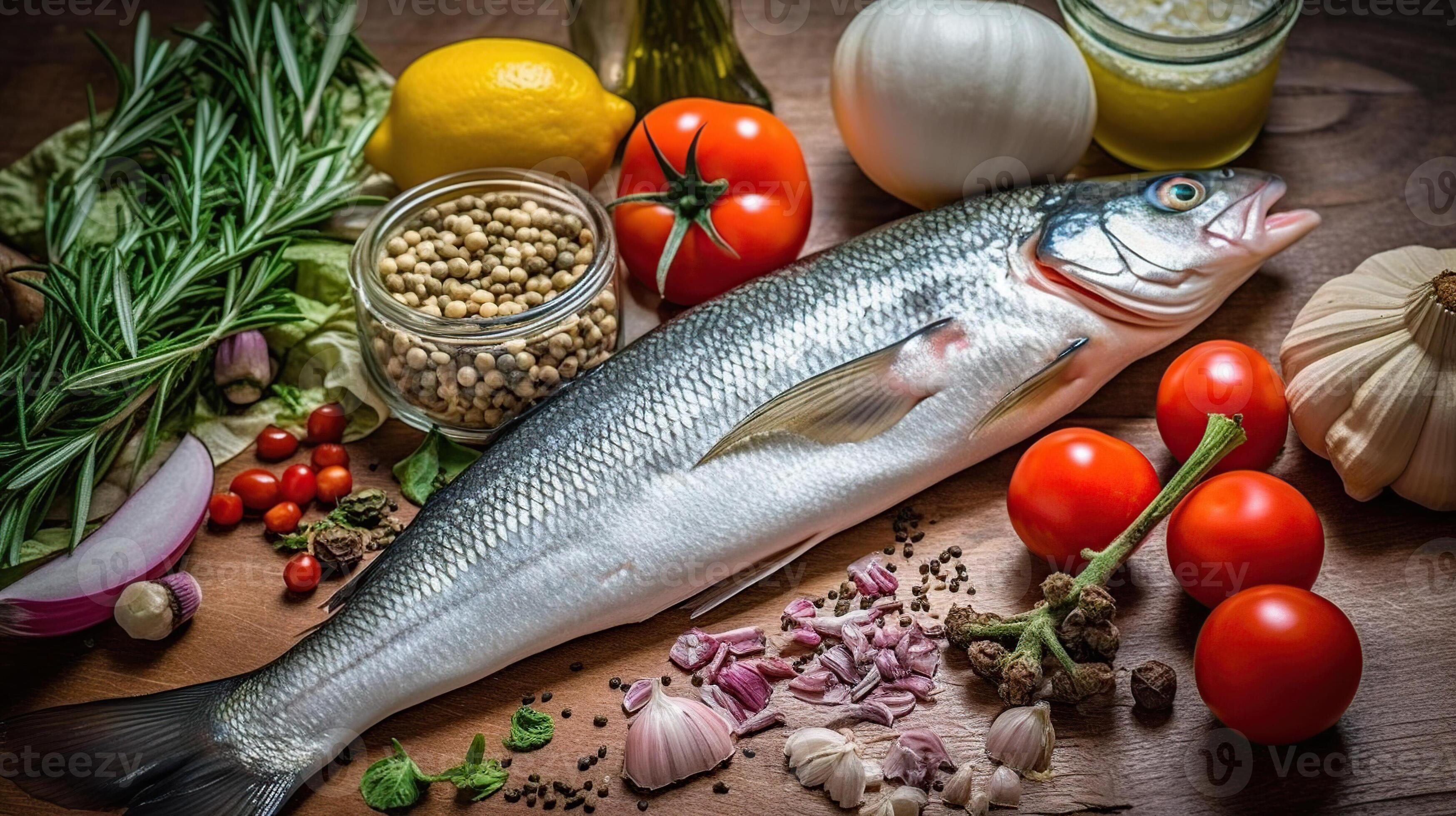 Raw uncooked seabass fish with vegetables Generative AI 26207615 Stock