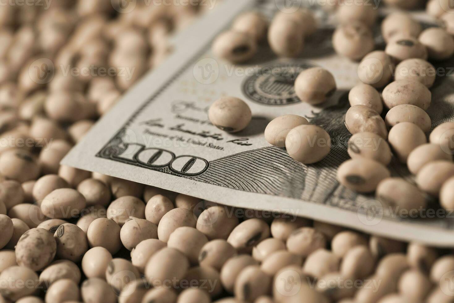 Dollars banknotes and coins and soy beans, commoditi value concept. photo