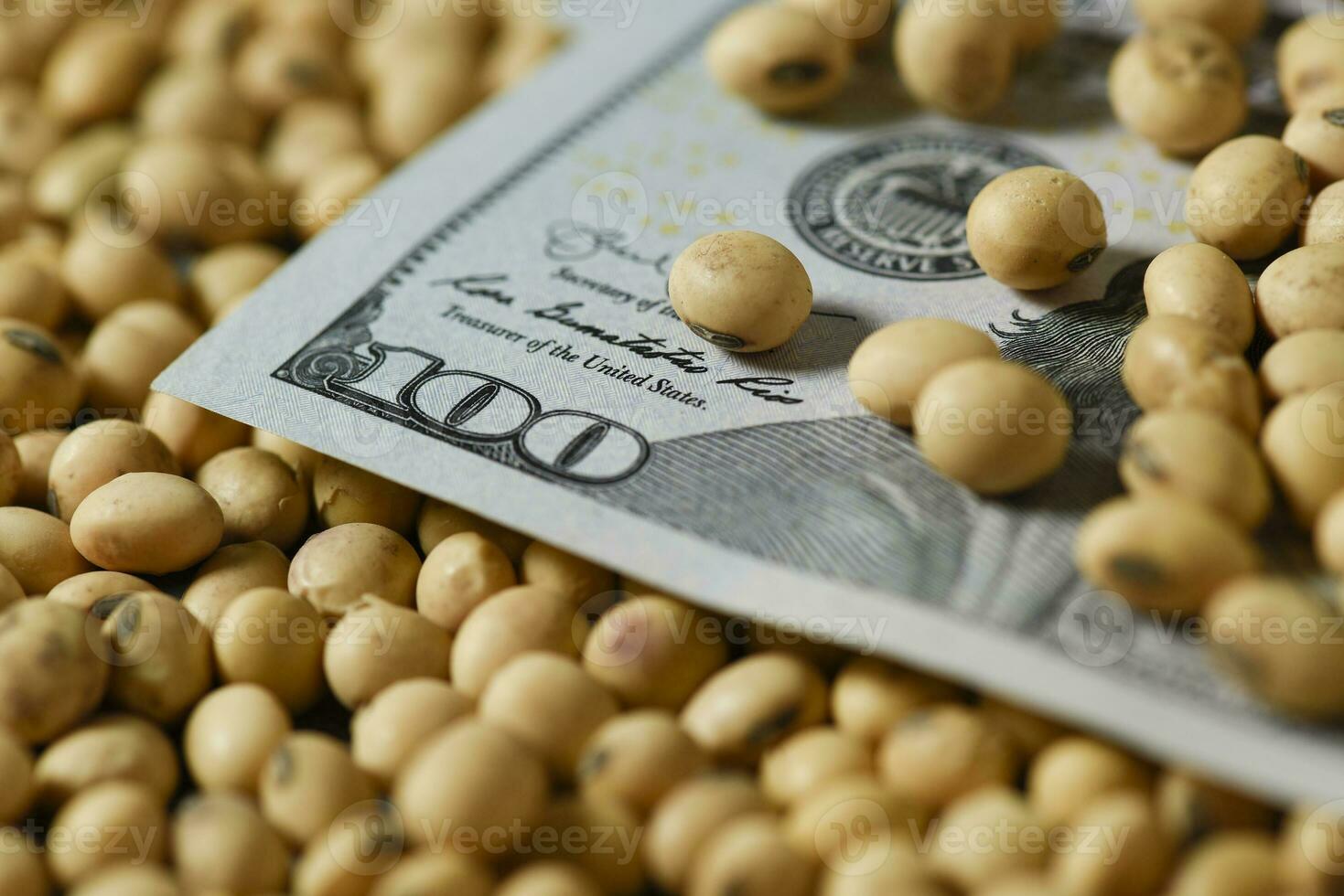 Dollars banknotes and coins and soy beans, commoditi value concept. photo