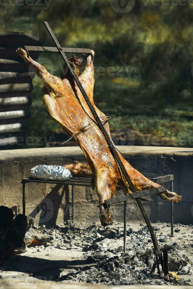 Cordero en el escupir, cocido con el tradicional argentino método, la pampa provincia, Patagonia, argentina. foto