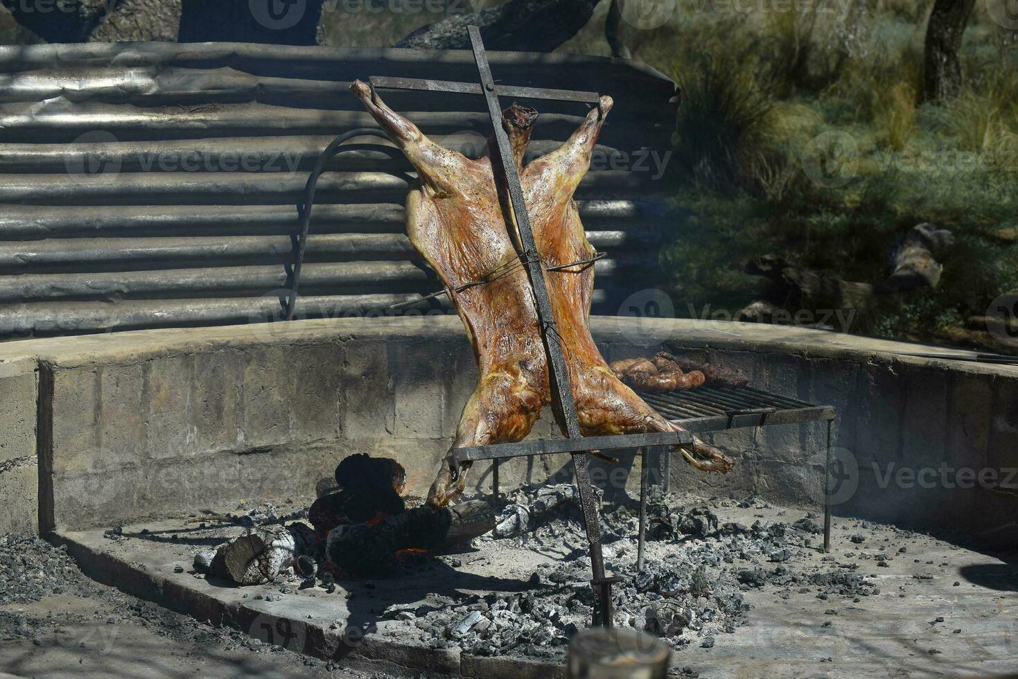 Lamb on the spit, cooked with the traditional Argentine method, La Pampa province, Patagonia, Argentina. photo
