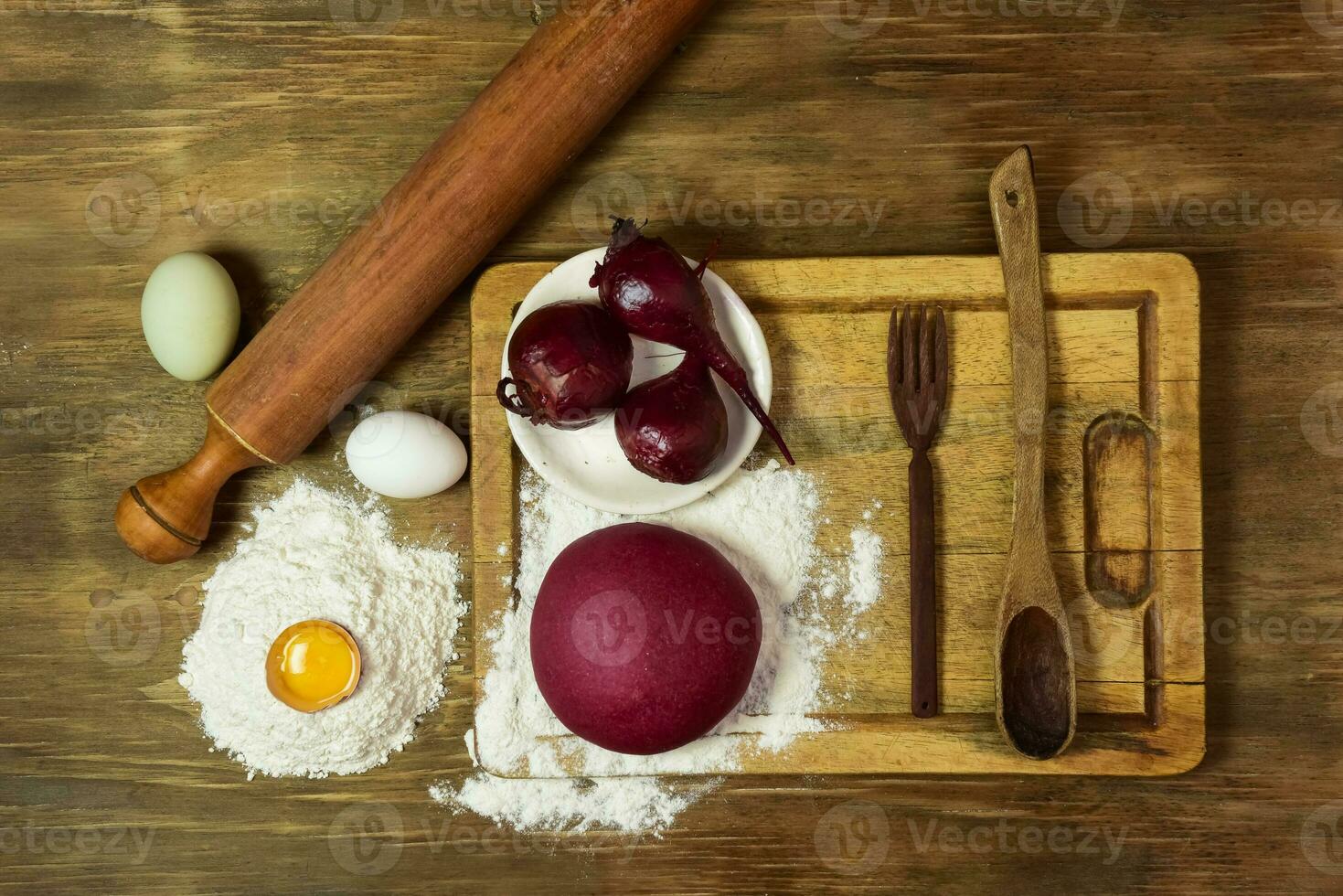 Purple dough bun for noodles with ingredients on the table. photo