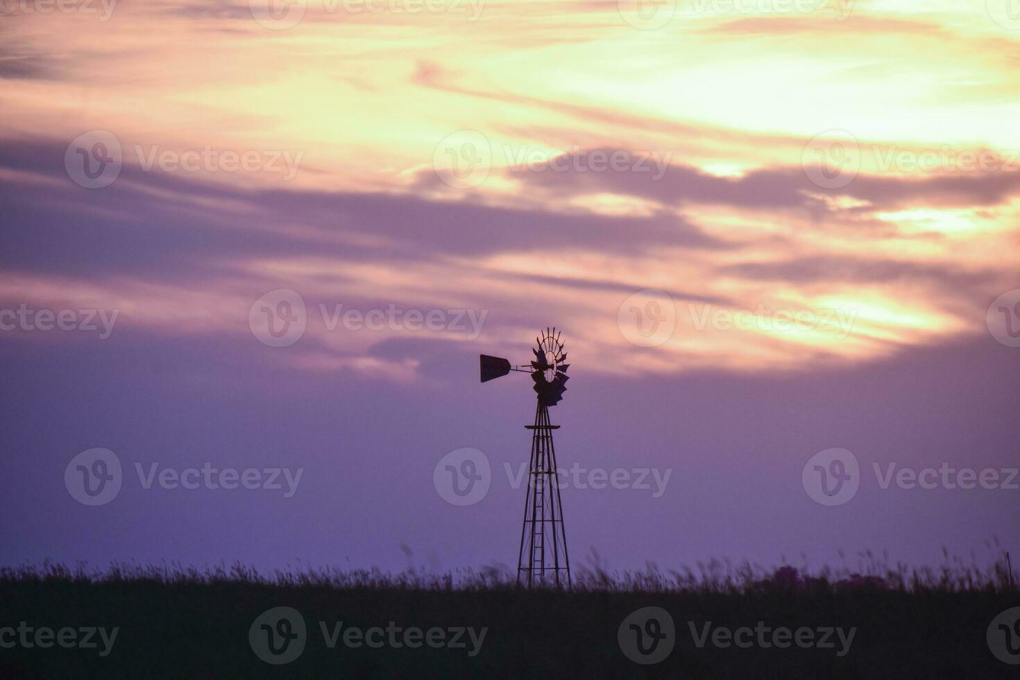 Rural landscape with windmill at sunset, Pampas , Argentina photo