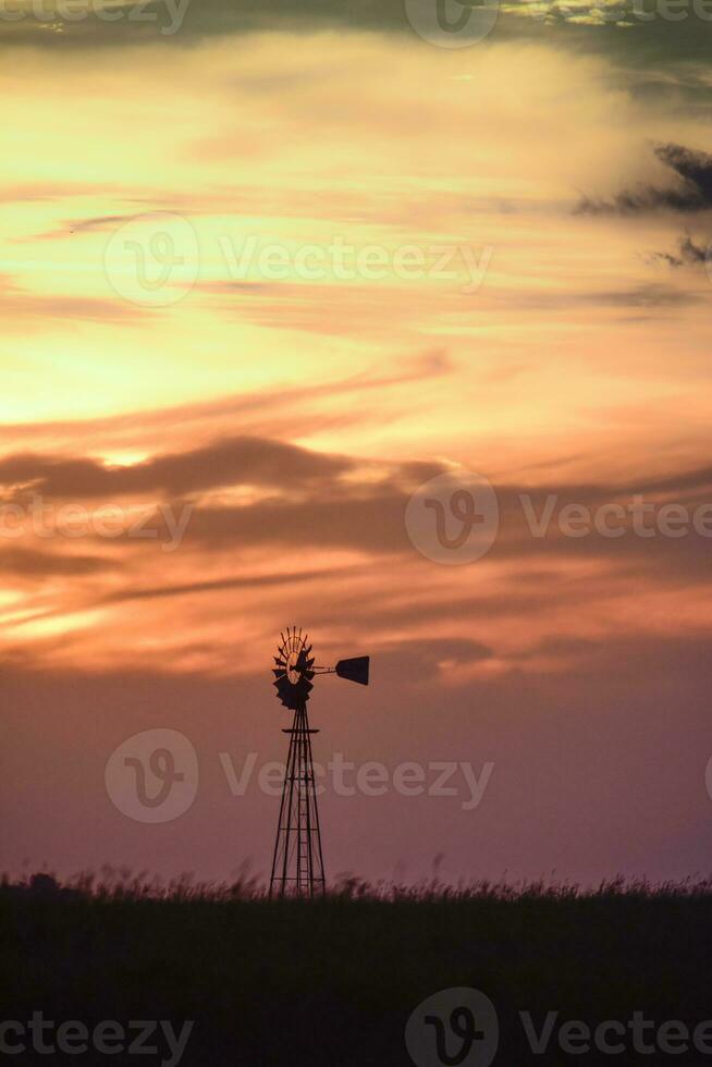 Windmill in the field, at sunset, Pampas, Argentina photo