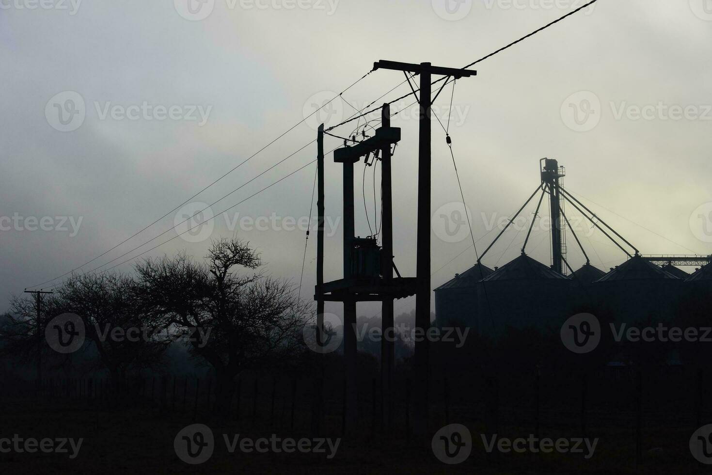 Electic line and storage steel silos, Buenos Aires Province, Patagonia, Argentina photo