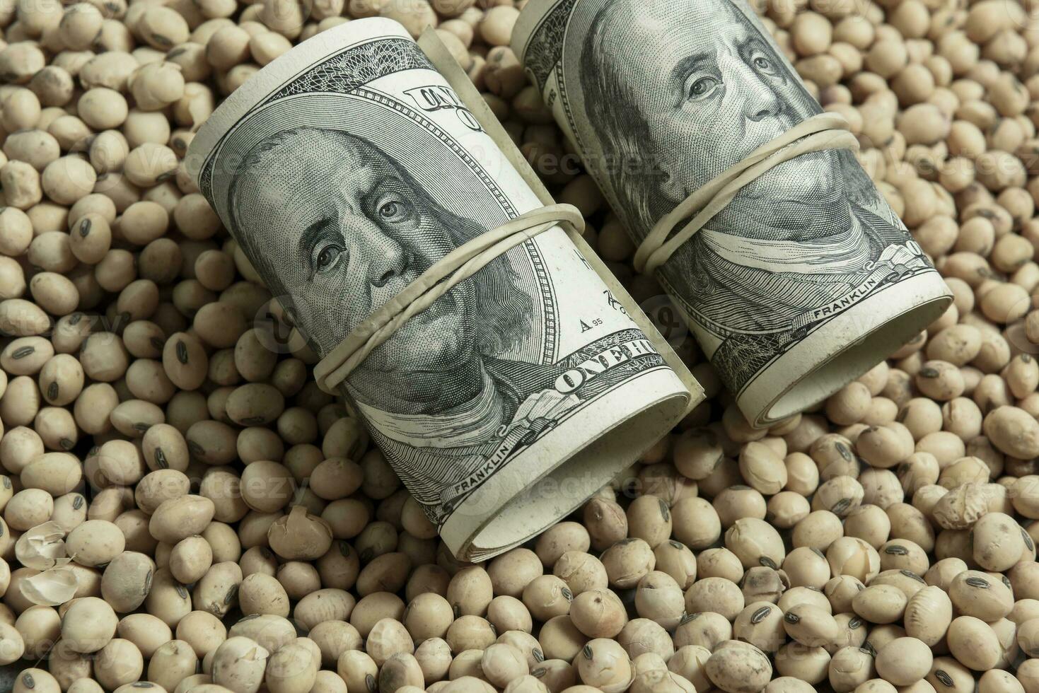 Dollars banknotes and coins and soy beans,oleaginous commoditi value concept. photo