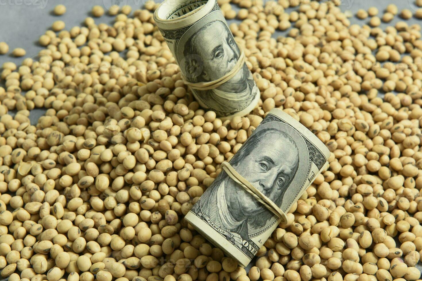 Dollars banknotes and coins and soy beans,oleaginous commoditi value concept. photo