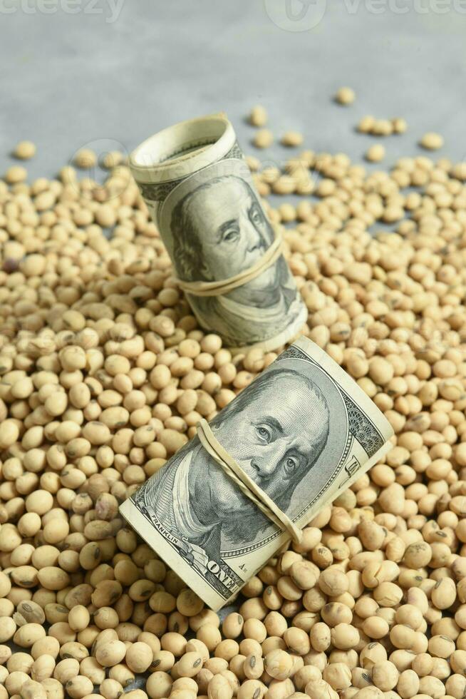 Dollars banknotes and coins and soy beans,oleaginous commoditi value concept. photo