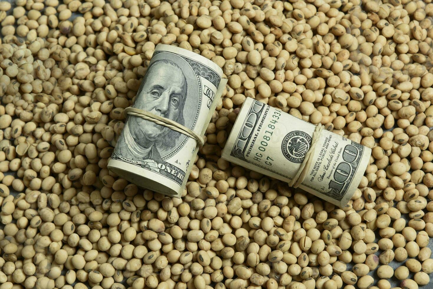 Dollars banknotes and coins and soy beans,oleaginous commoditi value concept. photo