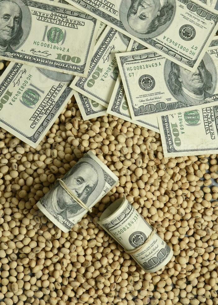 Dollars banknotes and coins and soy beans,oleaginous commoditi value concept. photo