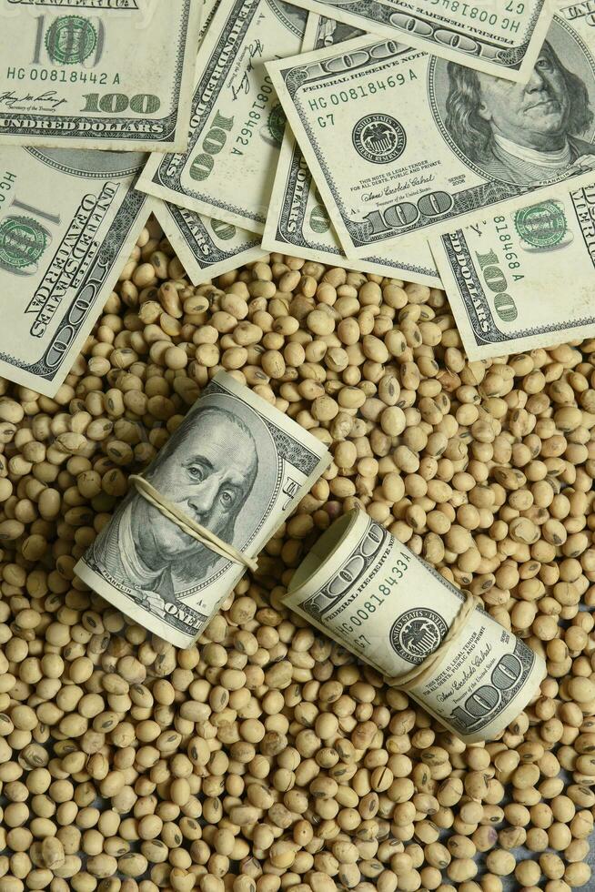 Dollars banknotes and coins and soy beans,oleaginous commoditi value concept. photo