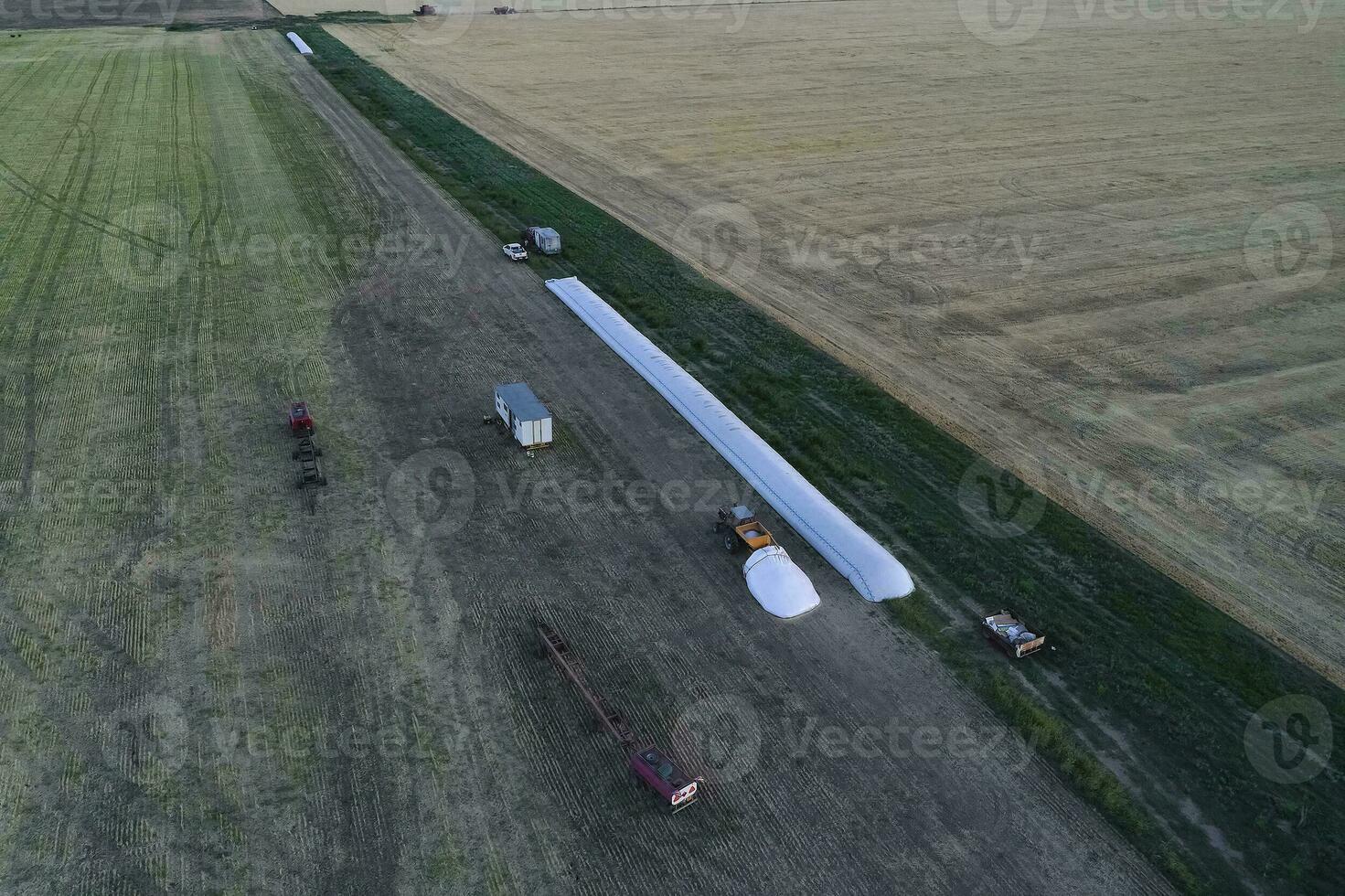 Silo bag work in pampas countryside, grain storage in La Pampa, Argentina photo