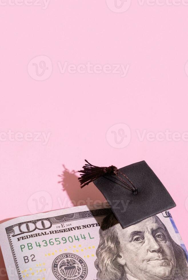 Graduated cap with dollars. Grant for education, back to school