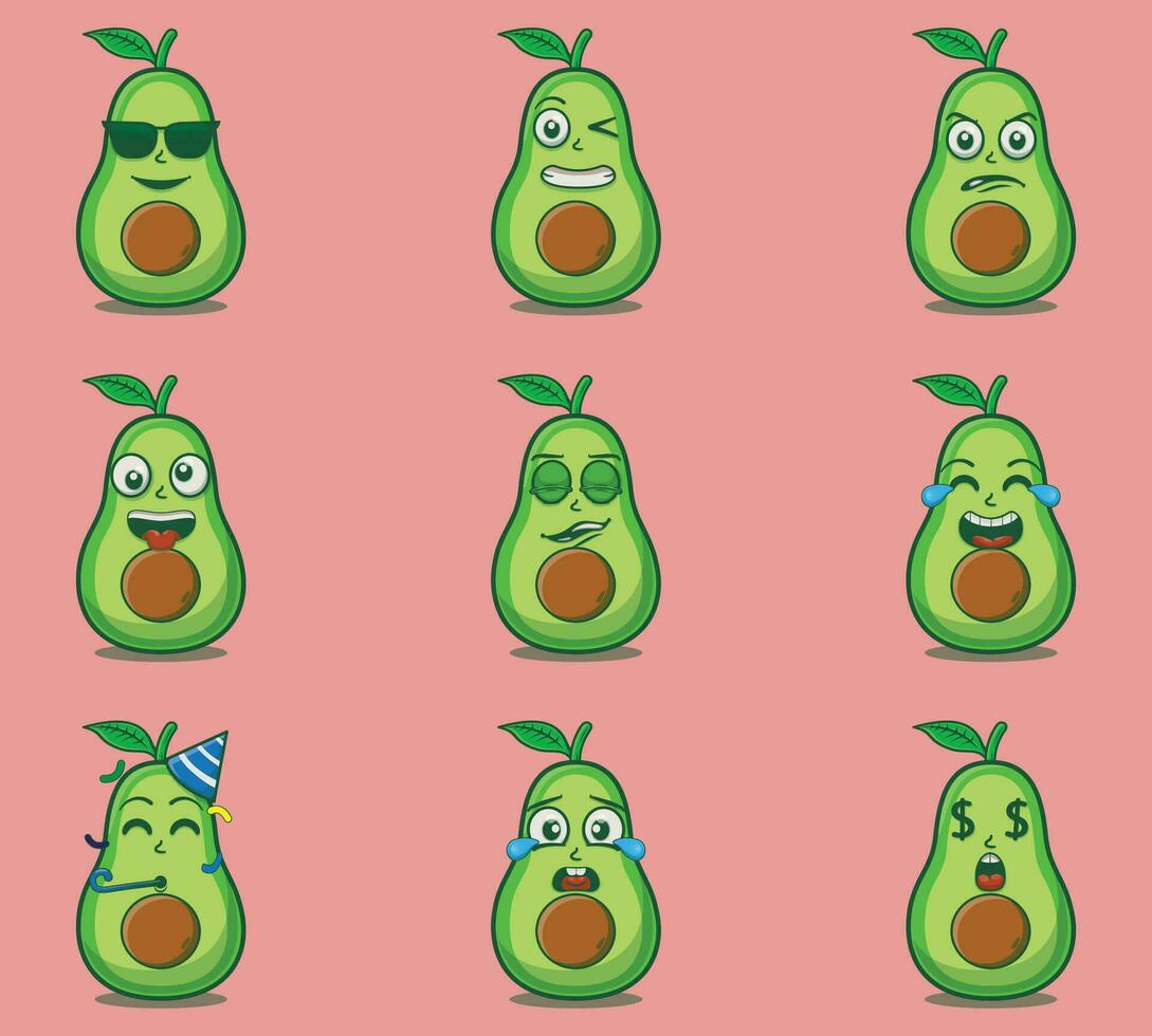 Cute and kawaii avocados emoticon expression illustration set vector