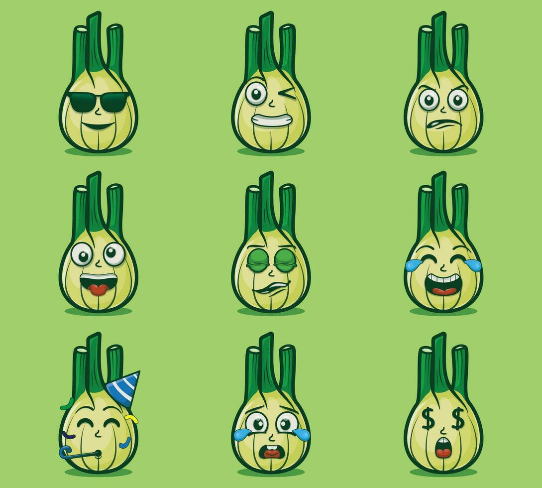 Cute and kawaii fennel vegetables emoticon character expression illustration set vector