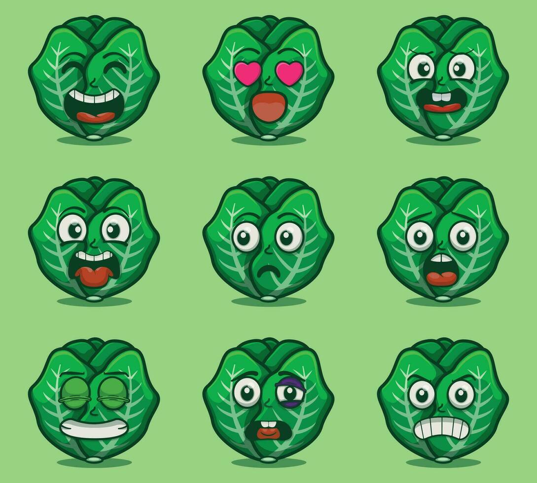 Cute and kawaii brussel sprout character emoticon expression illustration set vector