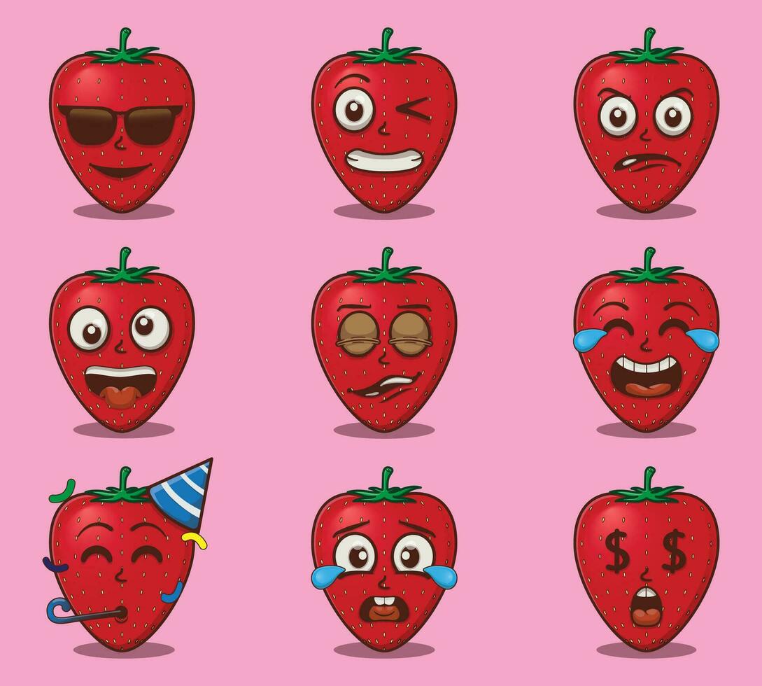 Vector cute and kawaii strawberry emoticon expressions set