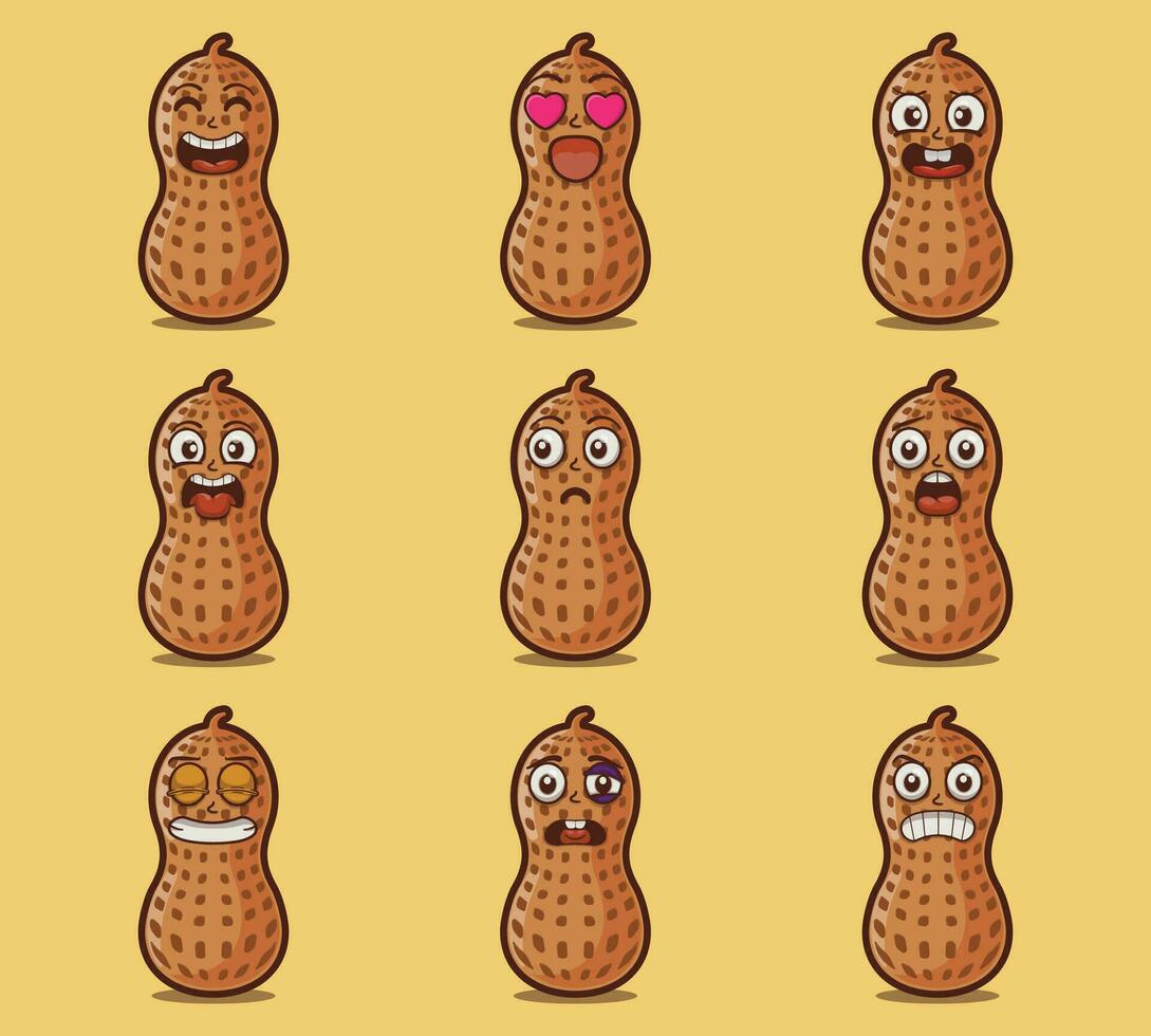 Cute and kawaii peanut character emoticon expression illustration set vector