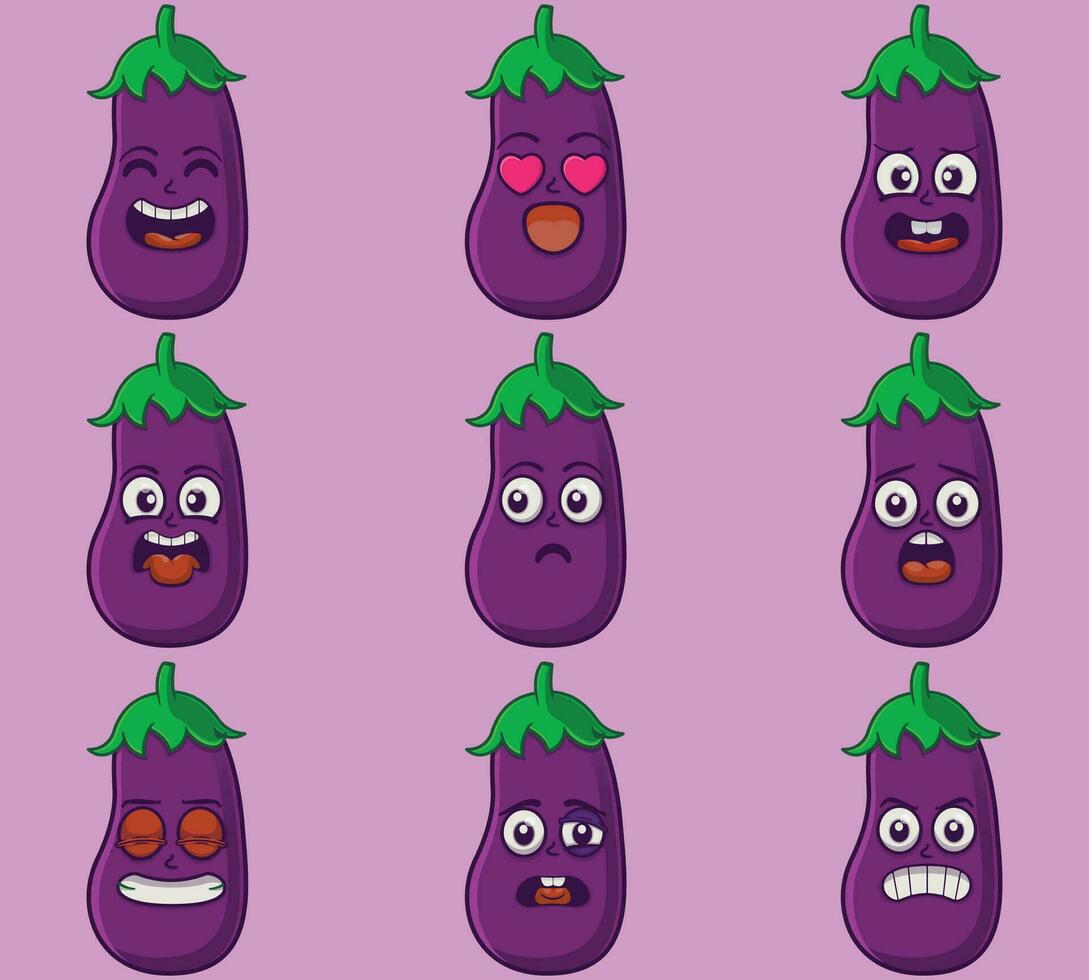 Vector cute eggplant emoticon expressions set