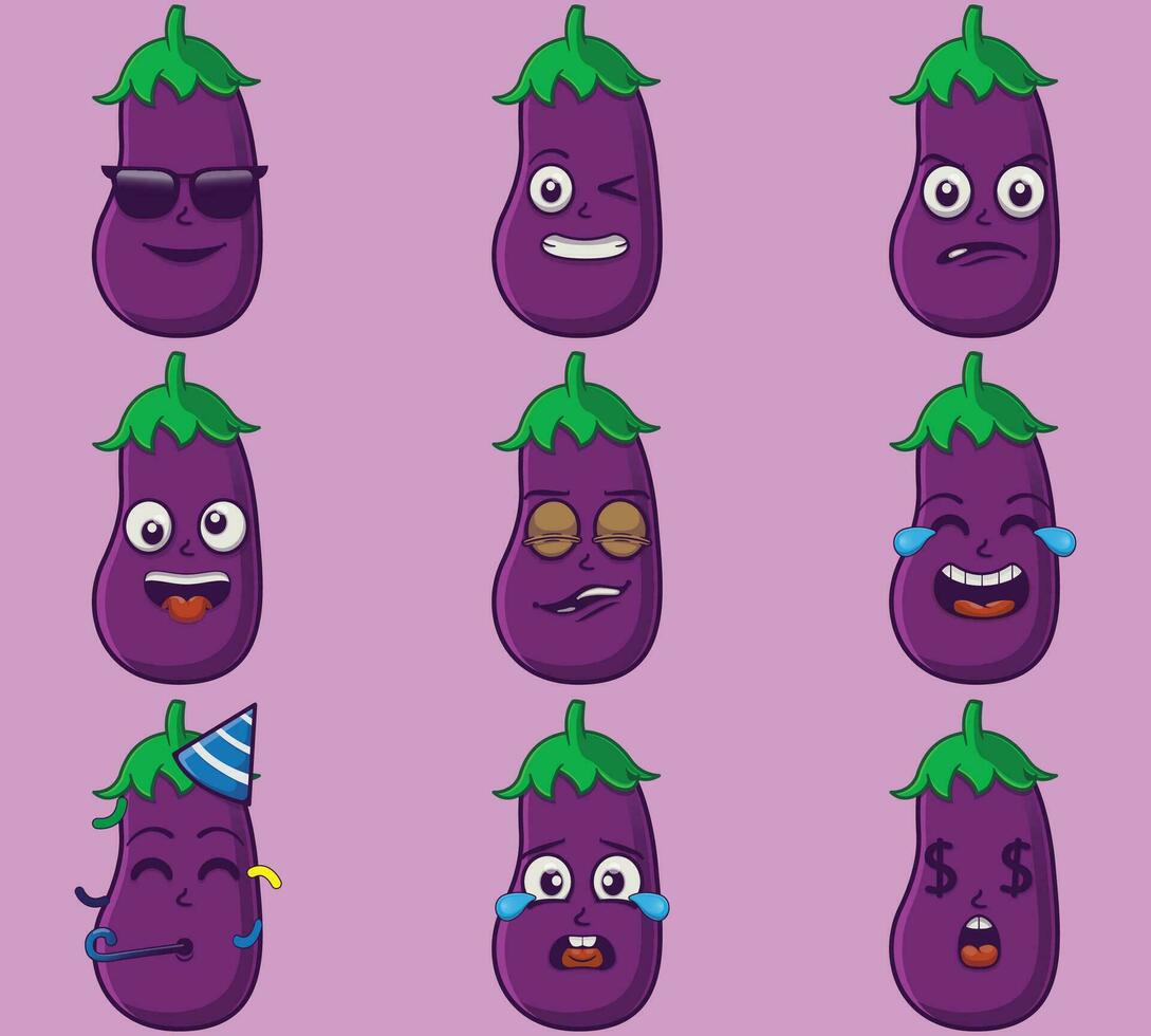 Vector cute and kawaii eggplant emoticon expressions set