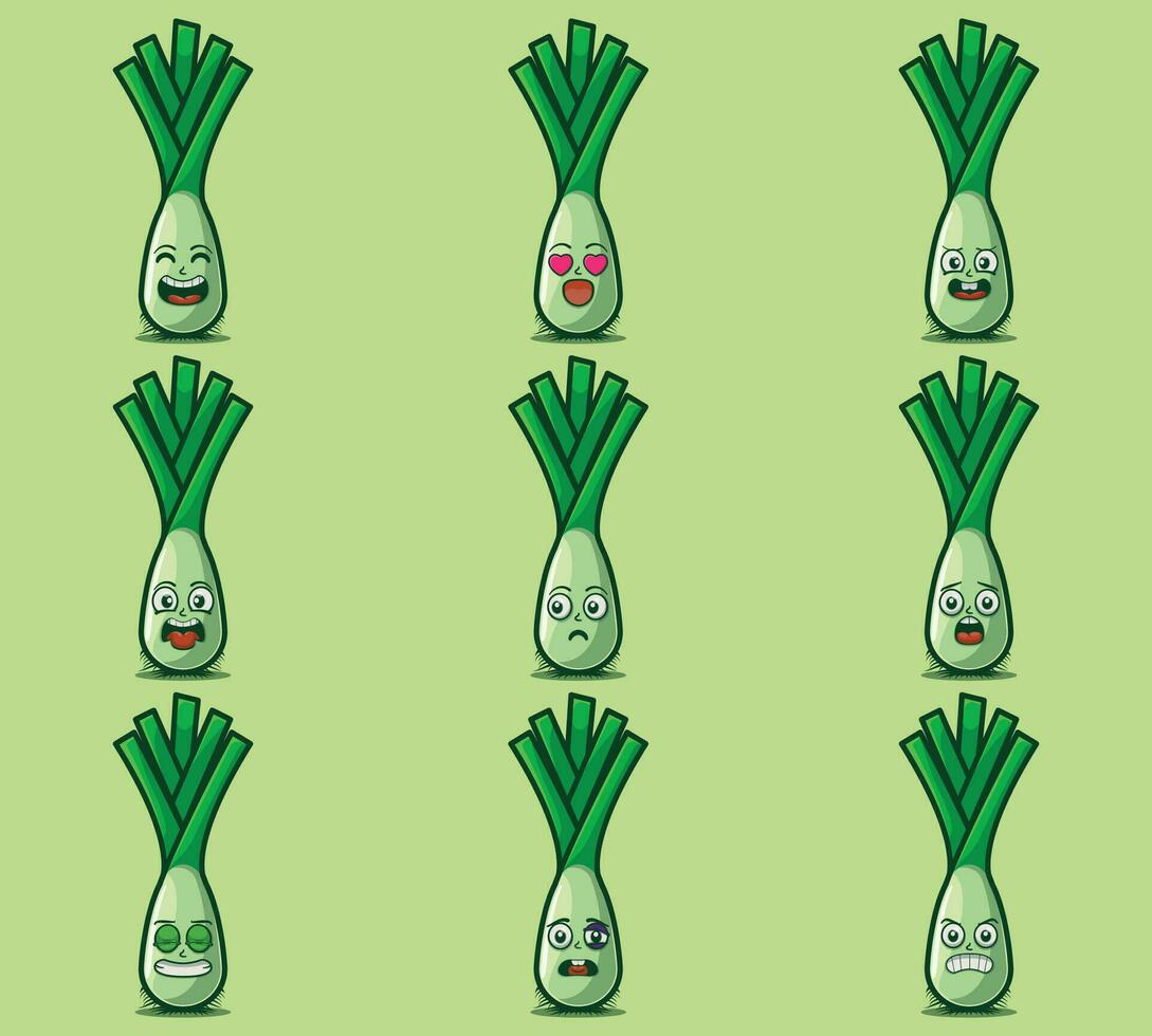 Cute and kawaii leeks character emoticon expression illustration set vector