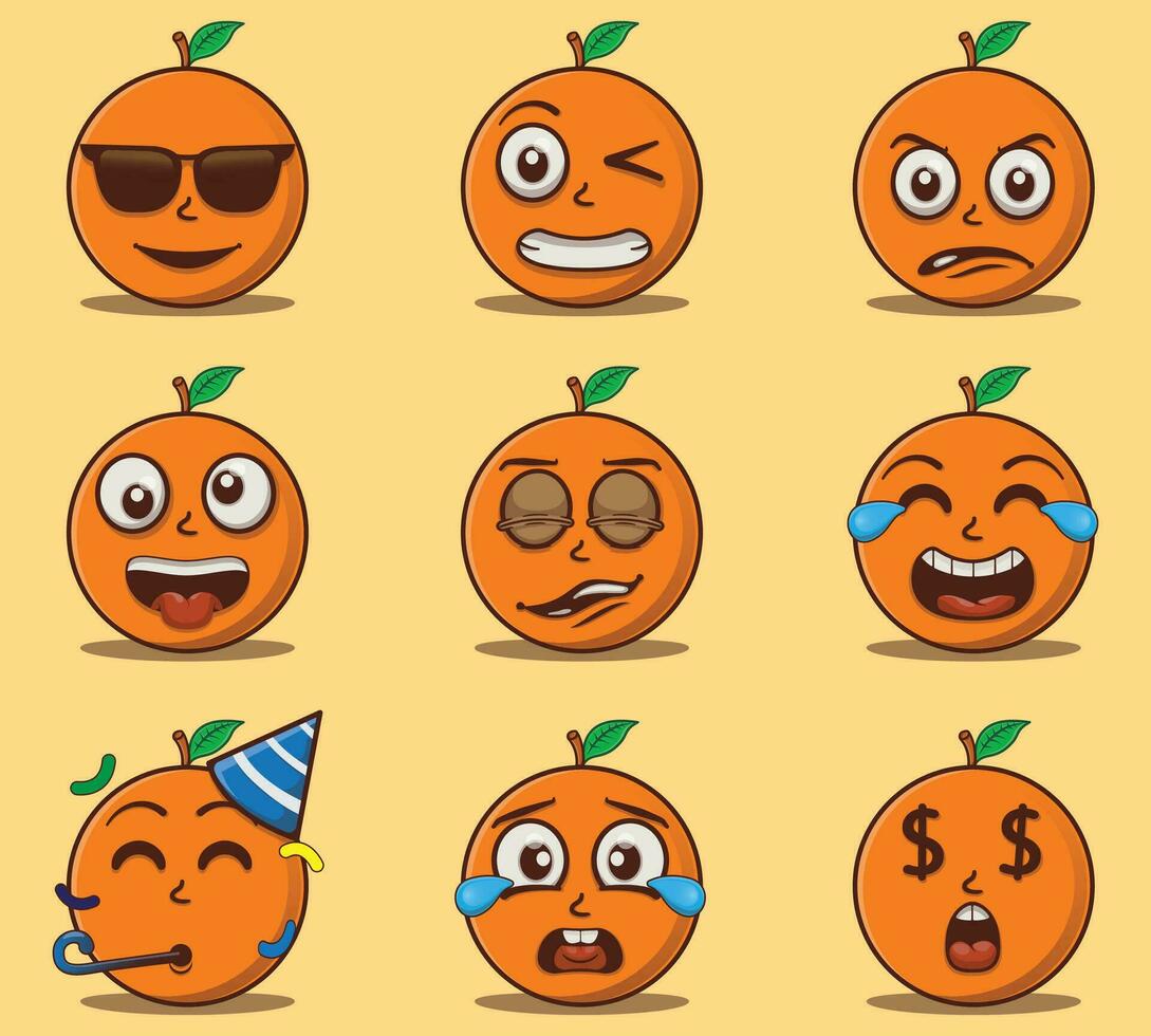 Vector cute and kawaii orange emoticon expressions set