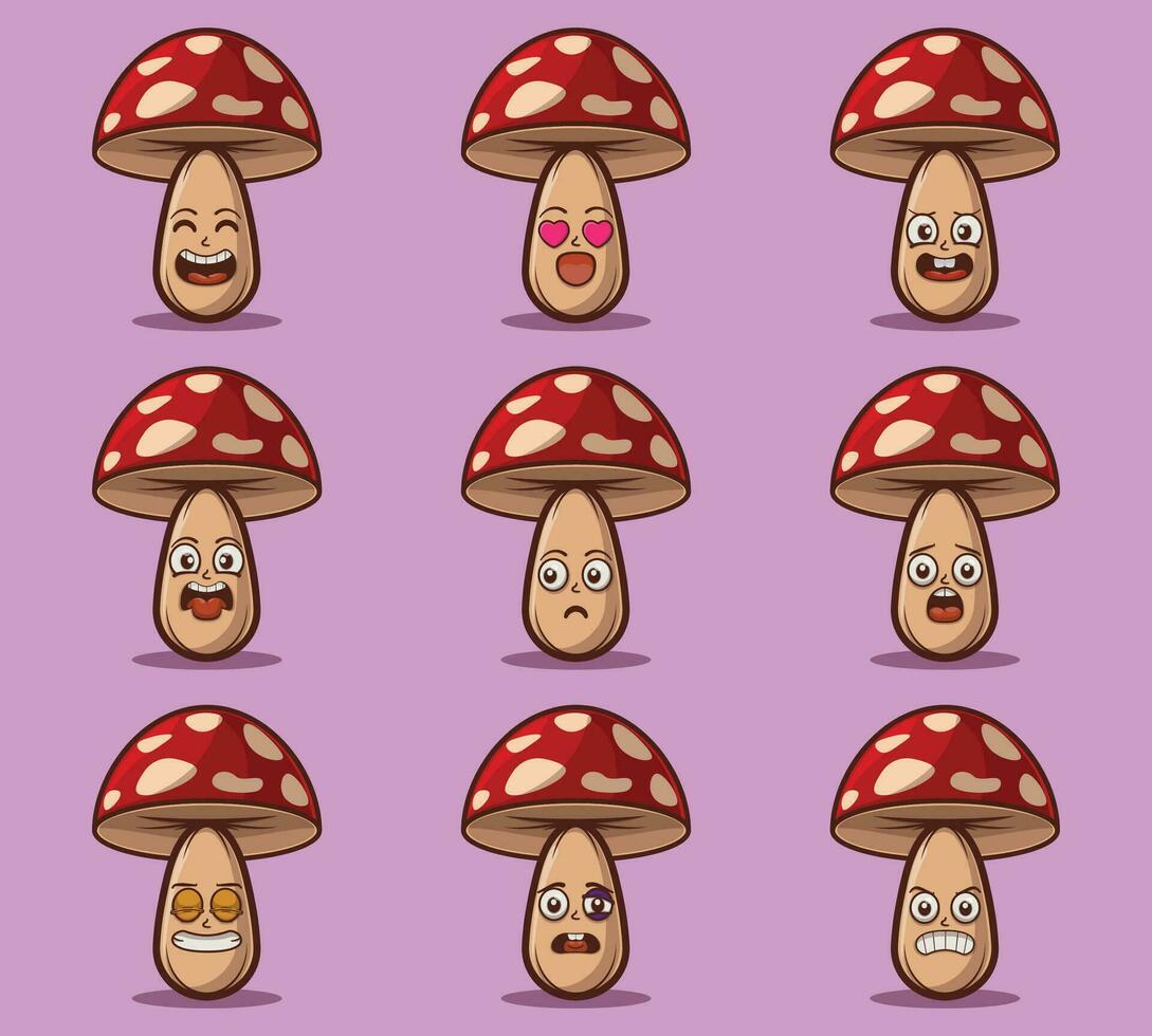 Cute and kawaii mushroom character emoticon expression illustration set vector