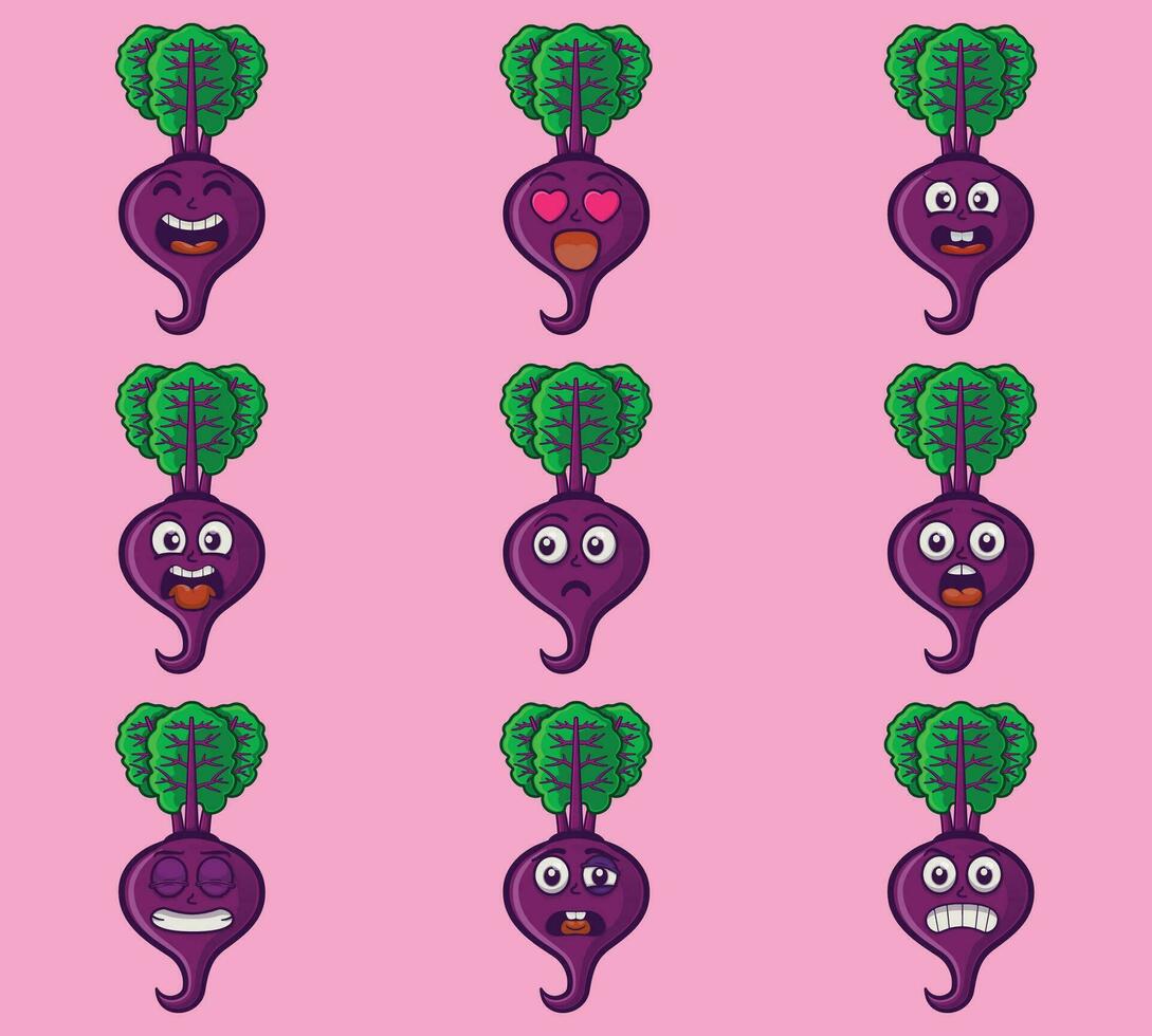 Cute and kawaii beetroot character emoticon expression illustration set vector