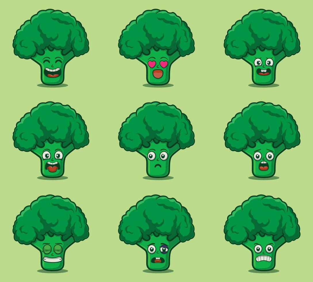 Cute and kawaii broccoli character emoticon expression illustration set vector