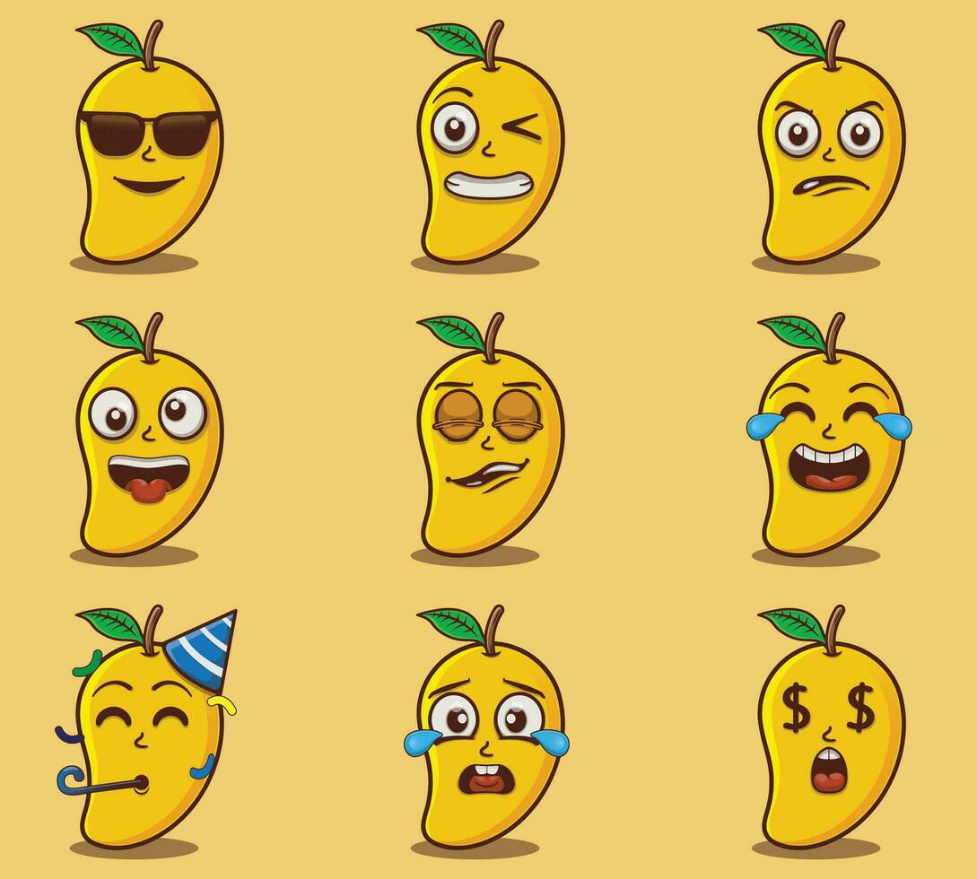 Cute and kawaii mangoes emoticon expression illustration set vector