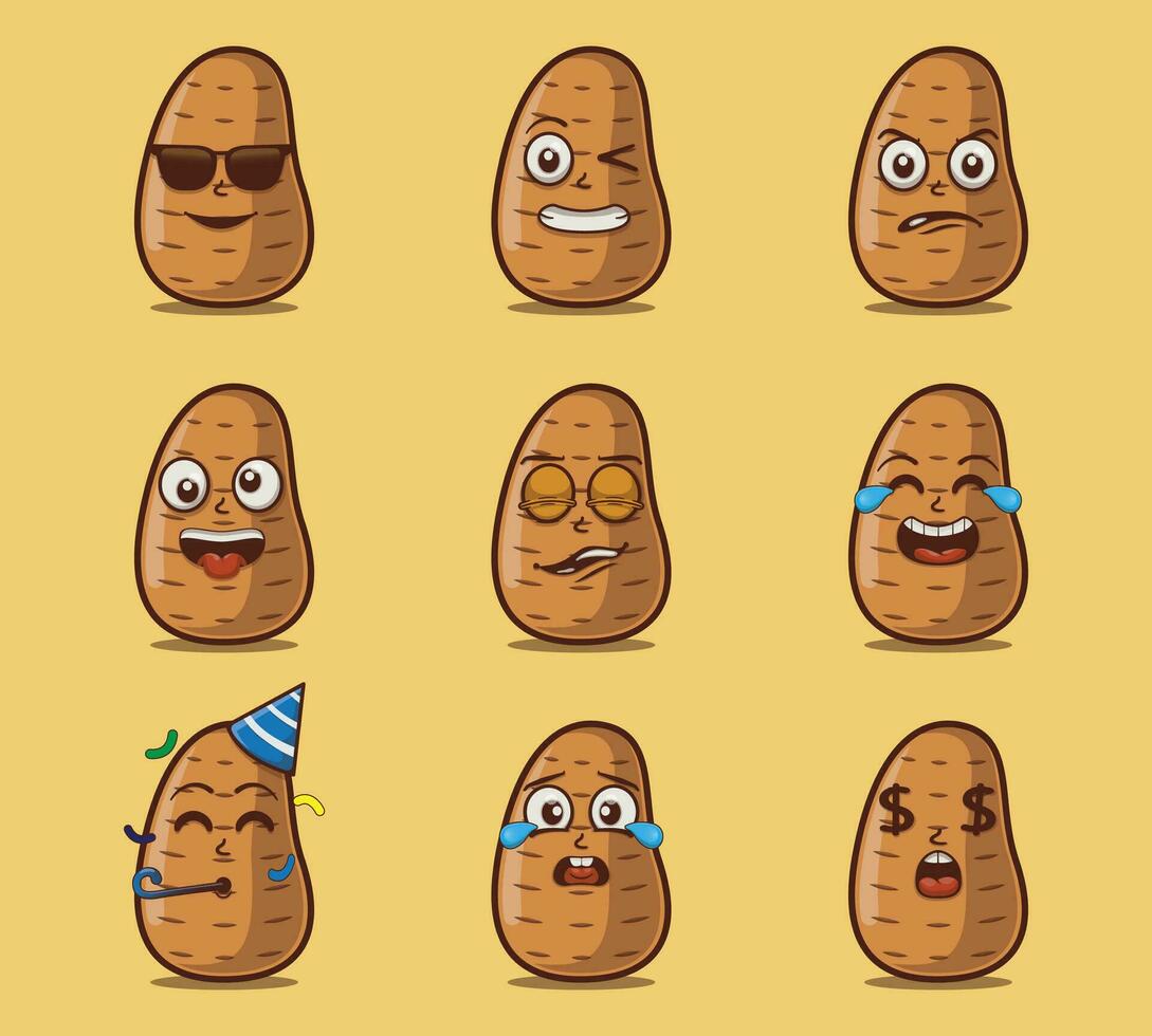 linda y kawaii patatas vegetales emoticon personaje expresión ilustración conjunto vector