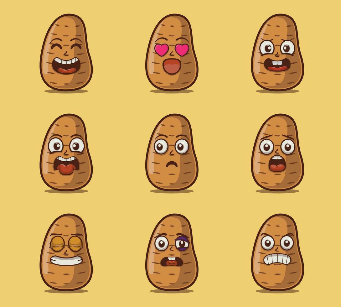 linda y kawaii patata personaje emoticon expresión ilustración conjunto vector
