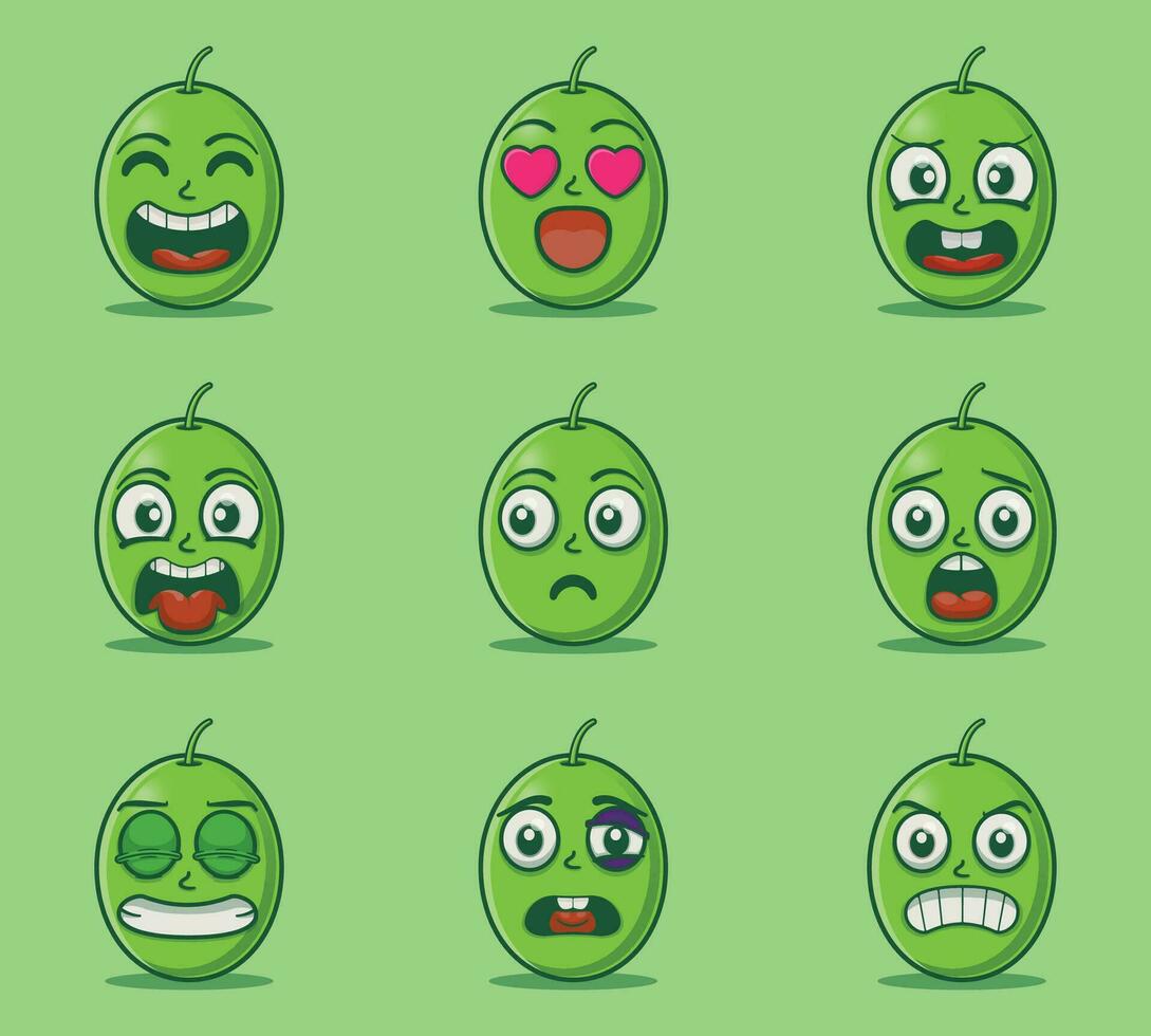 Cute and kawaii olives fruit emoticon expression illustration set vector