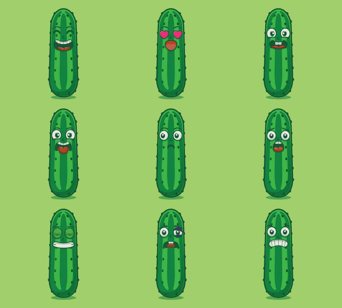 Cute and kawaii cucumber emoticon expression illustration set vector