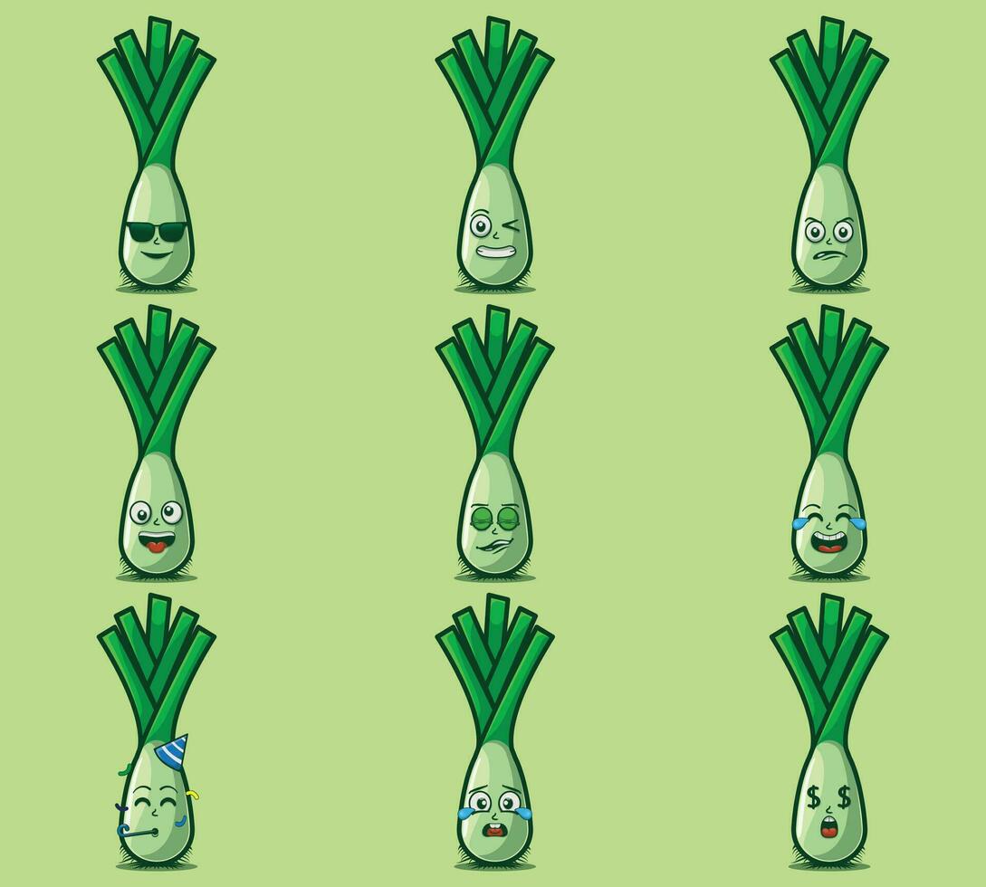 linda y kawaii puerros vegetales emoticon personaje expresión ilustración conjunto vector