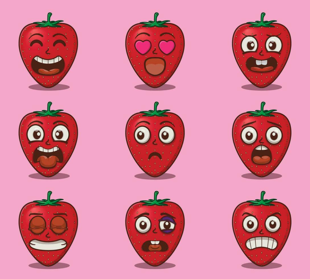 Vector cute strawberry emoticon expressions set