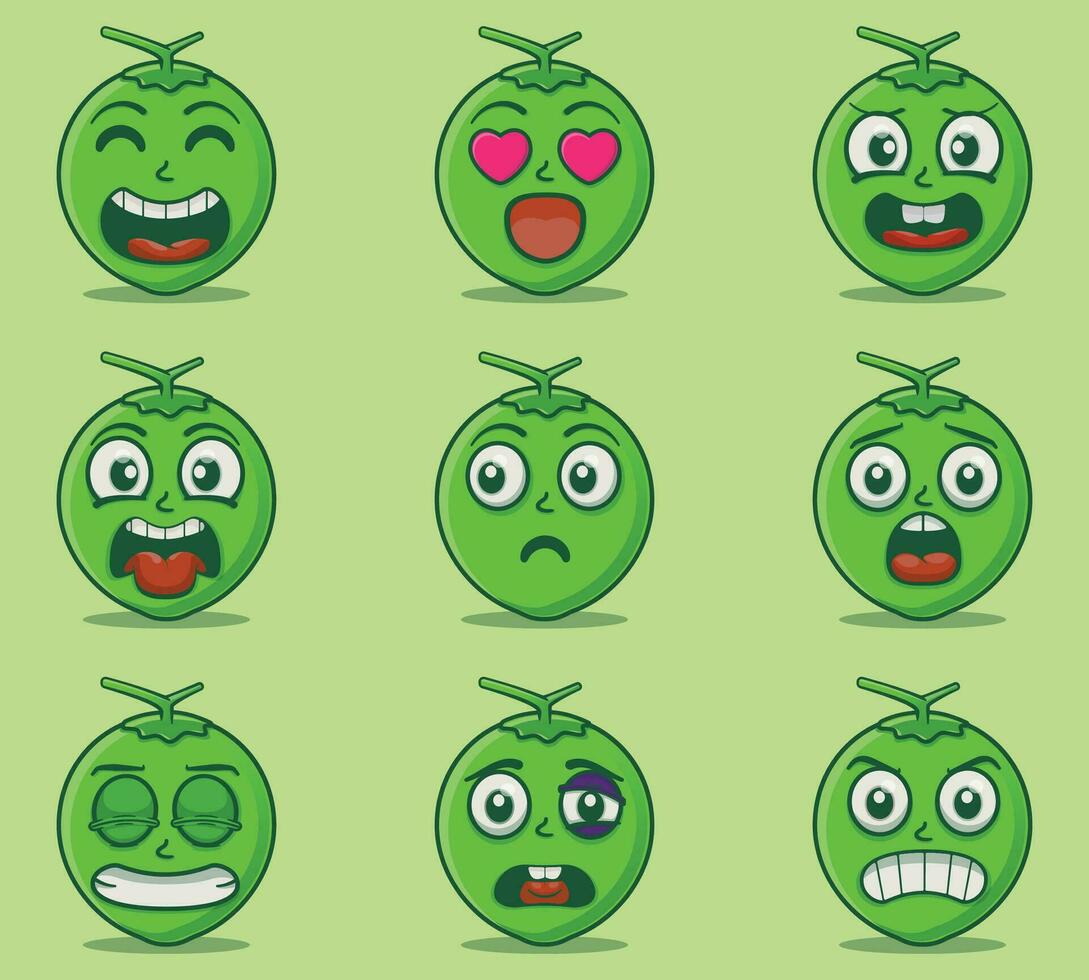 Cute and kawaii coconuts emoticon expression illustration set vector