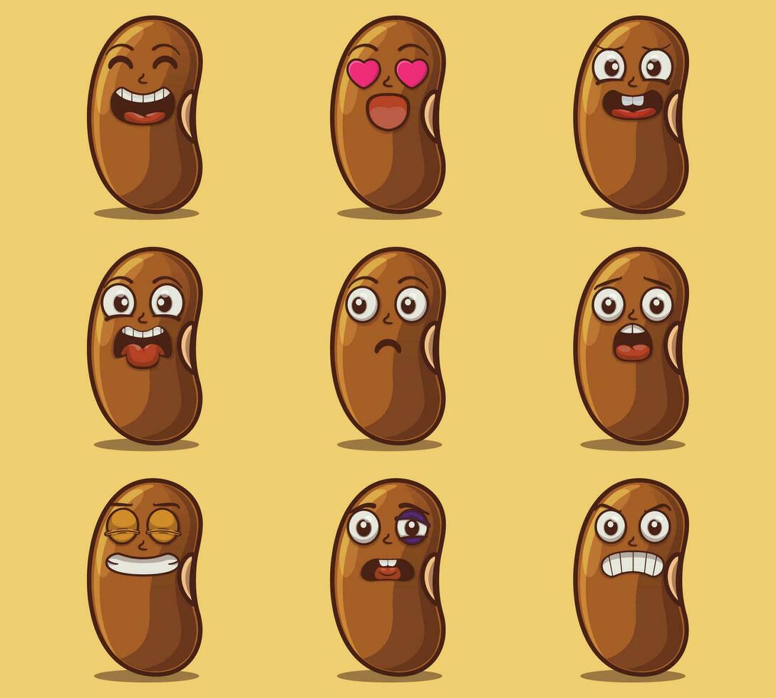 Cute and kawaii bean character emoticon expression illustration set vector