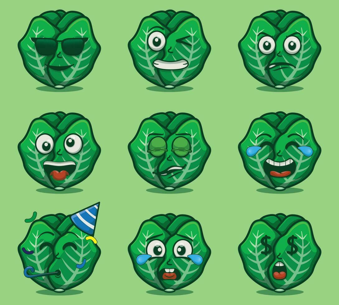 Cute and kawaii brussel sprout vegetables emoticon character expression illustration set vector