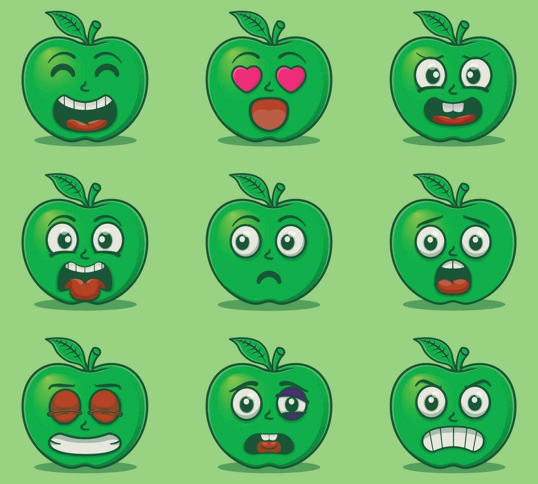 Vector cute green apple emoticon expressions set