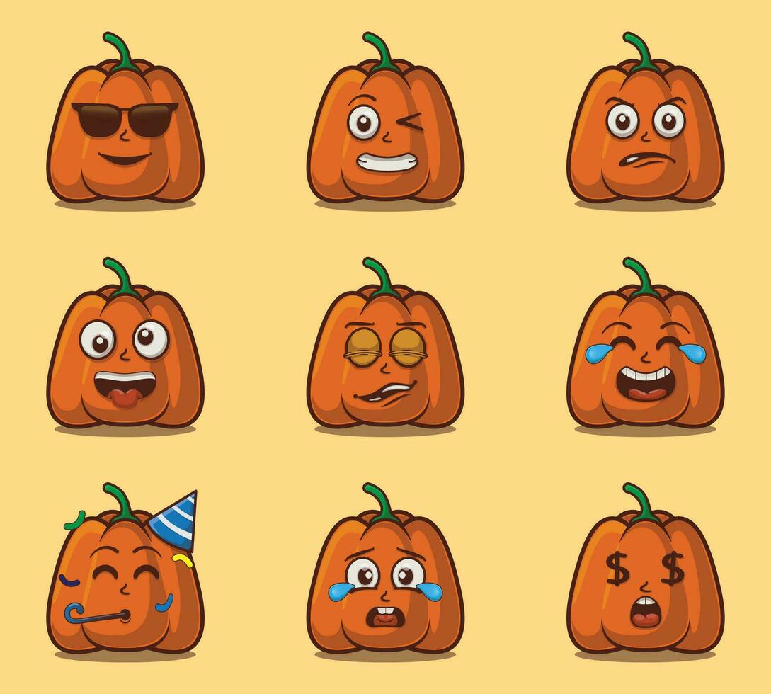 Cute and kawaii pumpkin vegetables emoticon character expression illustration set vector