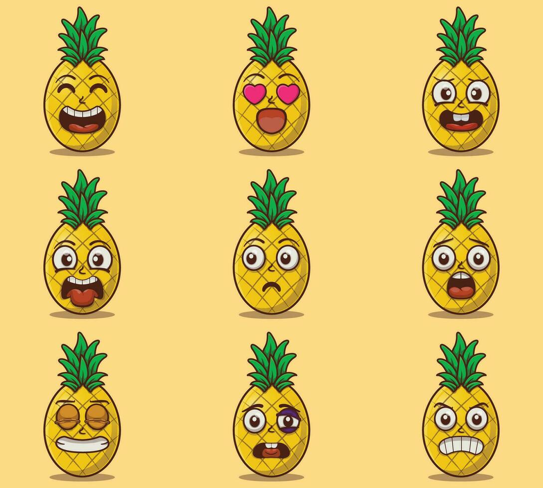 Cute and kawaii pinepples emoticon expression illustration set vector