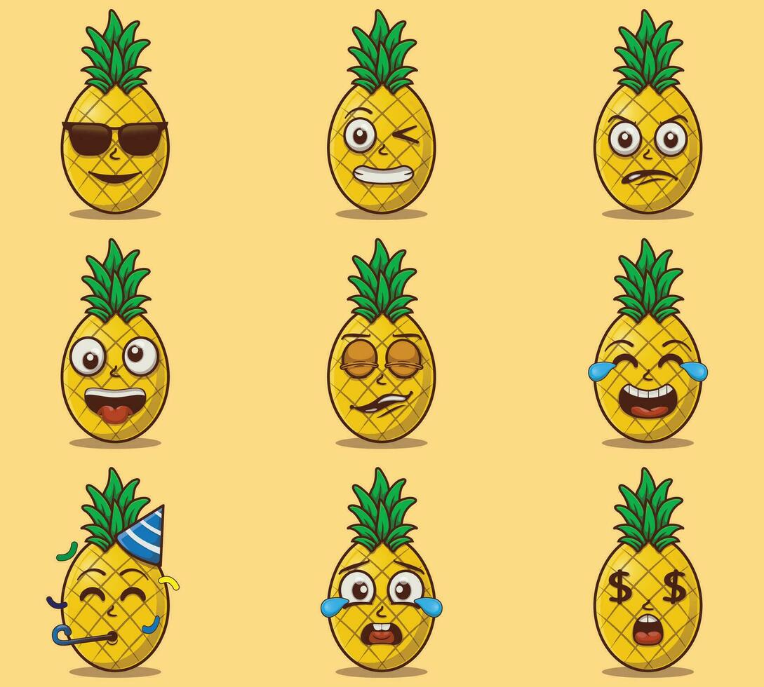 Cute and kawaii pineapples emoticon expression illustration set vector
