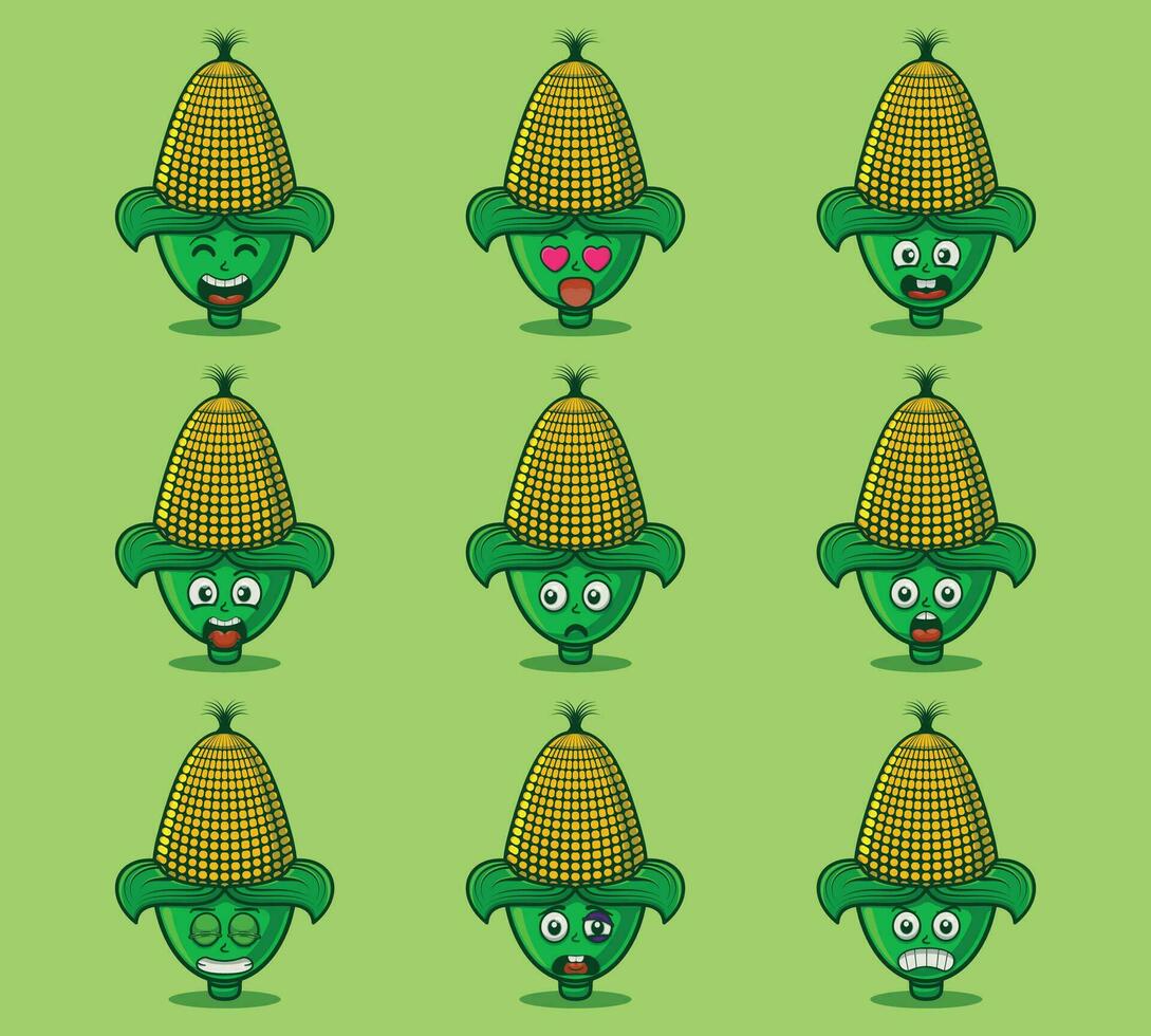 Cute and kawaii corn character emoticon expression illustration set vector