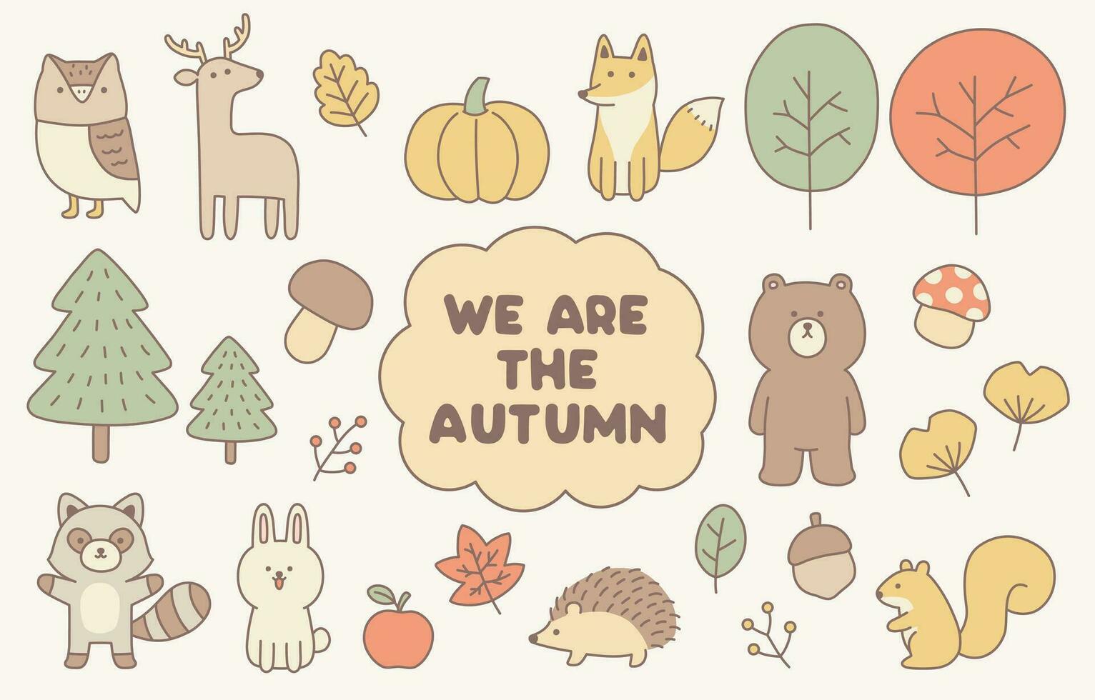 We are The Autumn, cute autumn vector elements in pastel colors with stroke.