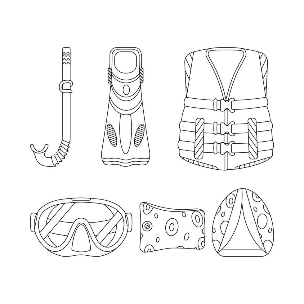 Beach set for summer trips. Mask, tube, flippers, scuba diving, snorkeling, life, jacket,  inflatable cuffs. vector