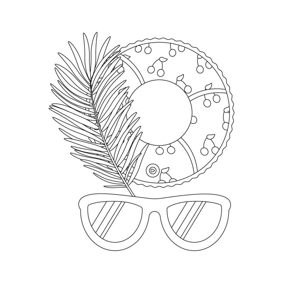 Beach set for summer trips. Sunglasses, palm leaves, inflatable circle.  Line art. vector